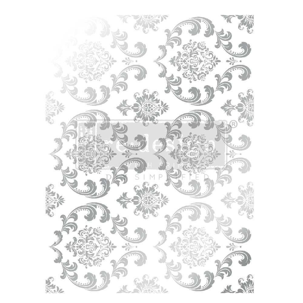 Decor Foil Transfers® Kacha – Silver House of Damask – total sheet size 18″x24″, cut into 2 sheets